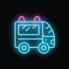 Poster - Bright blue neon sign of a passenger transportation van glowing on a black background