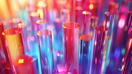 Poster - Vivid iridescent abstract background showcasing various colorful cylindrical shapes illuminated by a gradient of light