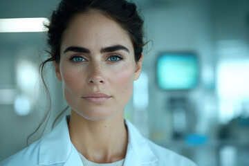 Poster - A confident female scientist or doctor with blue eyes, looking directly at the camera in a lab setting.