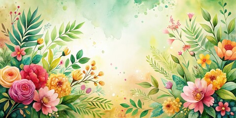 Wall Mural - Vibrant watercolor floral arrangement featuring a diverse collection of blossoms and lush greenery, creating a beautiful and delicate botanical illustration perfect for various design applications.