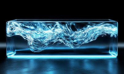 Poster - a glowing and dynamic wave of water inside a transparent box with a soft blue neon light at the base