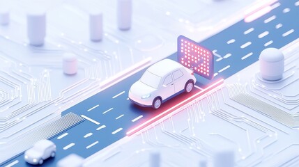 Poster - Urban Mobility Optimizer, AI-driven analysis of transportation patterns enhancing traffic management, 3D vector design with minimalistic backdrop and ample negative space.