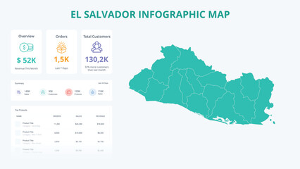  Business Growth Infographic Map of El Salvador. Orders, Customers, Sales Overview & product Infographic Map of El Salvador. Easy to edit