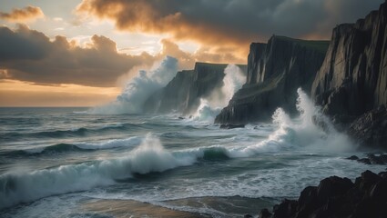 Wall Mural - waves crash against rugged cliffs at sunset casting vibrant colors over the ocean landscape