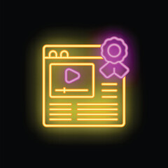 Poster - Neon glowing icon of a website featuring a video player and receiving a guarantee award, on a dark background