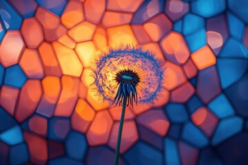 Poster - A dandelion seed head backlit against a vibrant mosaic of orange and blue, creating a surreal and artistic image.