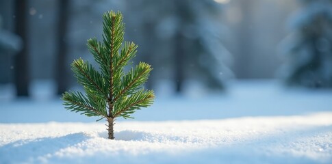 Wall Mural - A single fir tree branch, bare and exposed in the snow, fragile, vulnerable, snow