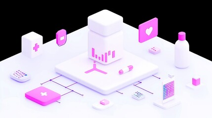 Poster - AI-driven pharmaceutical market analysis tool, evaluating pricing strategies through 3D vector design, minimalist background, emphasizing clarity and simplicity.