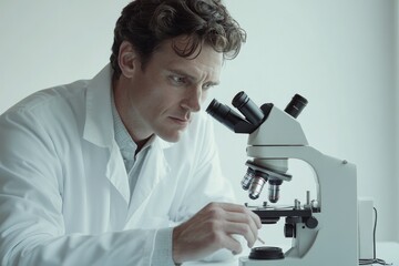 Poster - A scientist meticulously examines a sample under a microscope, engrossed in scientific research.