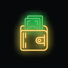 Poster - Neon wallet holding cash money on black background glowing green and yellow symbolizing wealth and prosperity