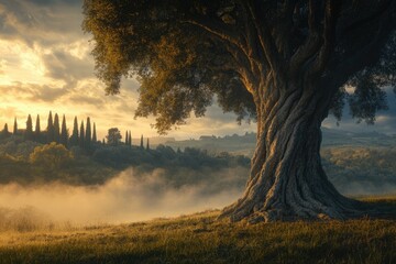 Aufkleber - Ancient olive tree at sunrise, overlooking a misty valley with cypress trees.