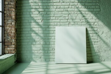 Aufkleber - Blank canvas leans against a sage green brick wall, bathed in sunlight.