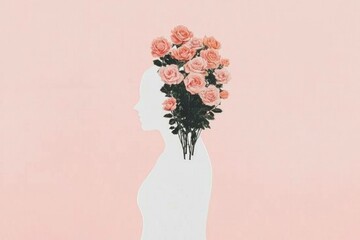 Poster - Silhouette of a woman with roses as a hairstyle on a pastel pink background, symbolizing beauty, femininity, and nature A unique concept of floral creativity