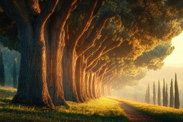 Aufkleber - Sunlit trees line a path, creating a magical, serene atmosphere in a picturesque landscape.