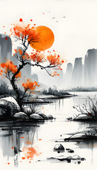 Poster - Orange Sunset Over Mountains and River