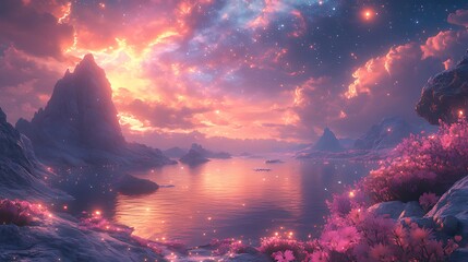 Wall Mural - Magical sunset, glowing lake, mountains, fantasy, artwork