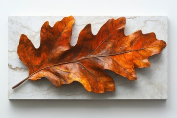 Poster - A single, dried oak leaf rests on a marble slab, showcasing autumnal colors and textures.
