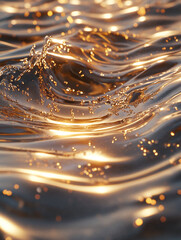 Poster - Close-up of golden water splashing and reflecting in the light with soft ripples and droplets, symbolizing luxury, fluid motion, and dynamic energy.