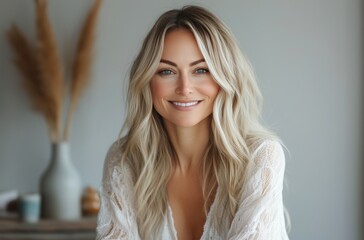 Canvas Print - Young woman with long, blonde hair smiling warmly in a neutral-toned room decorated with natural elements