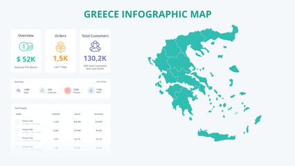  Business Growth Infographic Map of Greece. Orders, Customers, Sales Overview & product Infographic Map of Greece. Easy to edit