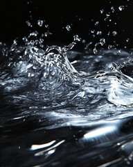 Poster - Close-up of clear water splashing and rippling against a dark background, showcasing the dynamic movement and energy of liquid, symbolizing purity and fluidity.