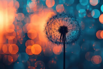 Poster - Silhouetted dandelion seed head against a vibrant bokeh background of orange and teal.