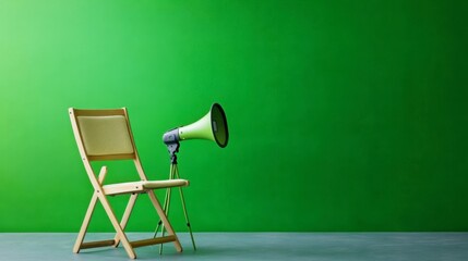 Professional studio arrangement featuring a directors chair and megaphone in front of a vibrant green screen.