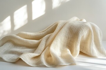 Fototapete - Cream linen fabric draped elegantly, showcasing its texture and soft folds in sunlight.