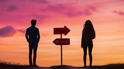 Poster - Silhouetted against a vibrant sunset, a young man and woman stand at a crossroads, contemplating their separate paths, symbolizing life choices, decisions, and the pursuit of individual destinies