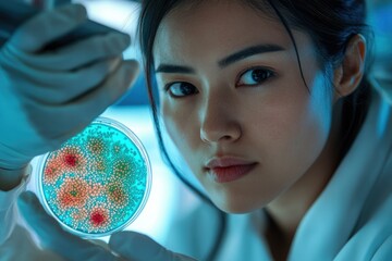 Poster - A female scientist examines a petri dish containing a bacterial or viral culture under a microscope.