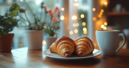 Wall Mural - Enjoying warm croissants and coffee at a cozy cafe with festive lights in the background