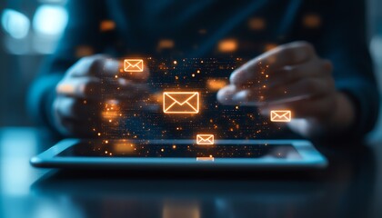 Poster - Person engaged with a tablet screen showing email spam alert and warning icons, symbolizing email security and protection