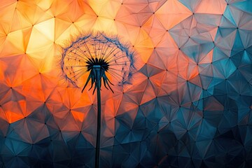 Poster - A dandelion seed head silhouetted against a vibrant, geometric sunset backdrop.