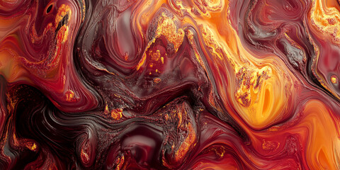 Poster - Close-up of a swirling mixture of vibrant red, orange, and yellow liquid with abstract patterns, symbolizing energy, heat, and movement in a dynamic and fluid motion.