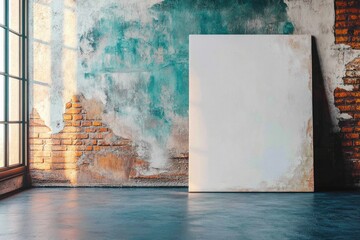 Poster - A blank canvas leans against a rustic brick and teal painted wall, bathed in sunlight.