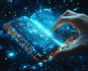 Poster - Hand reaching out to select a glowing digital book icon