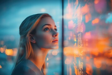 Poster - A young woman gazes at a vibrant city night, reflecting on the future possibilities.