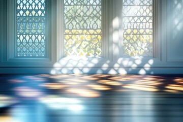 Poster - Sunlit room with three windows featuring intricate latticework, casting patterned shadows on the wooden floor.