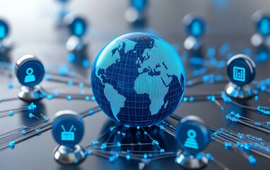 Poster - 3D world map globe surrounded by blue user icons and statistics indicators
