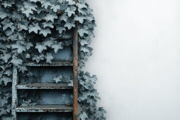 Poster - Rusty metal ladder covered in lush green ivy, leaning against a white wall.