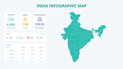  Business Growth Infographic Map of India. Orders, Customers, Sales Overview & product Infographic Map of India. Easy to edit