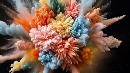 Poster - A burst of colored powder fills the air with shades of orange, pink, blue, and yellow, forming stunning clouds against a dark backdrop