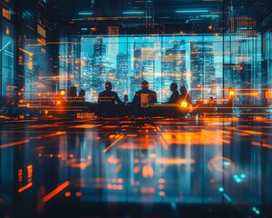 Aufkleber - Corporate team working together in a digitalfirst workspace, hightech virtual meeting tools and data projections enhancing collaboration, photorealistic, futuristic ambiance, 16K