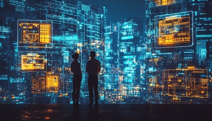 Aufkleber - Engineers in a futuristic smart city, overseeing complex data systems on floating digital screens, innovative architecture, holographic interfaces, ultradetailed, 16K