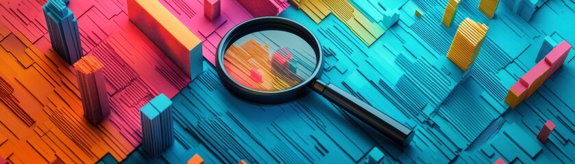 Poster - A vibrant, abstract scene featuring colorful 3D blocks and a magnifying glass, suggesting themes of exploration and analysis in a digital landscape.