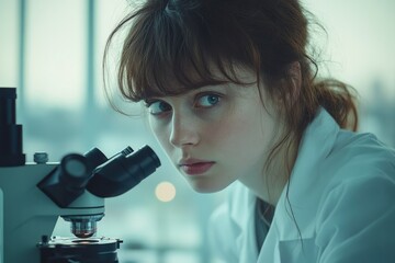 Poster - A young female scientist intently examines a sample through a microscope, engrossed in her research.