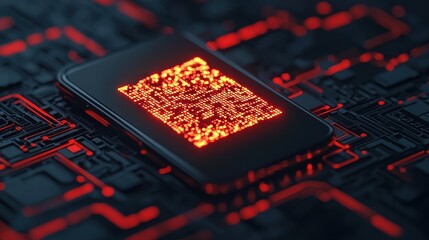 Poster - A glowing QR code on a circuit board background, showcasing a blend of technology and digital design in vibrant red hues.