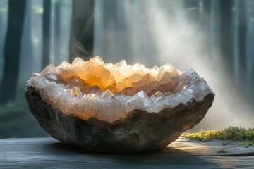 Poster - A geode of smoky quartz crystals glows in the mystical forest, illuminated by sunlight.