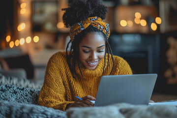 Wall Mural - Woman in a yellow sweater working on a laptop in a modern indoor setting with natural light and minimalistic decor