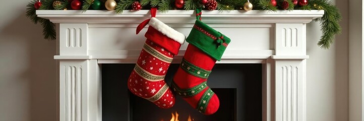 Wall Mural - Red and green striped Christmas stocking suspended from white fireplace surround, mantel, stripes, decoration